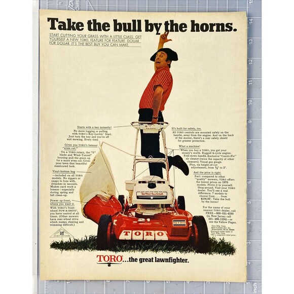 Toro Pow-R-Drive Lawnmower "Take the bull by the horns" Vintage Print Ad 1970 - Picture 2 of 3